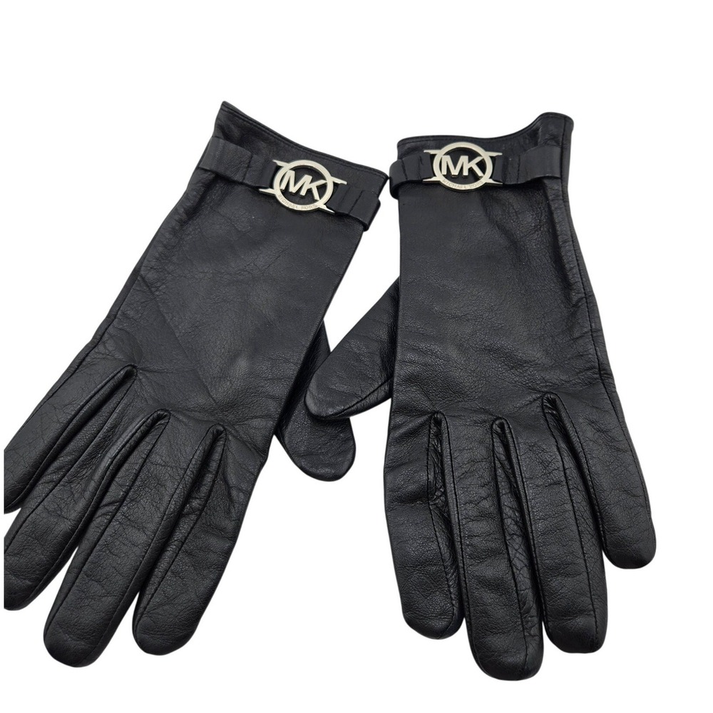 Michael Kors Womens Black Leather Gloves Silver MK Logo Hardware Size Small